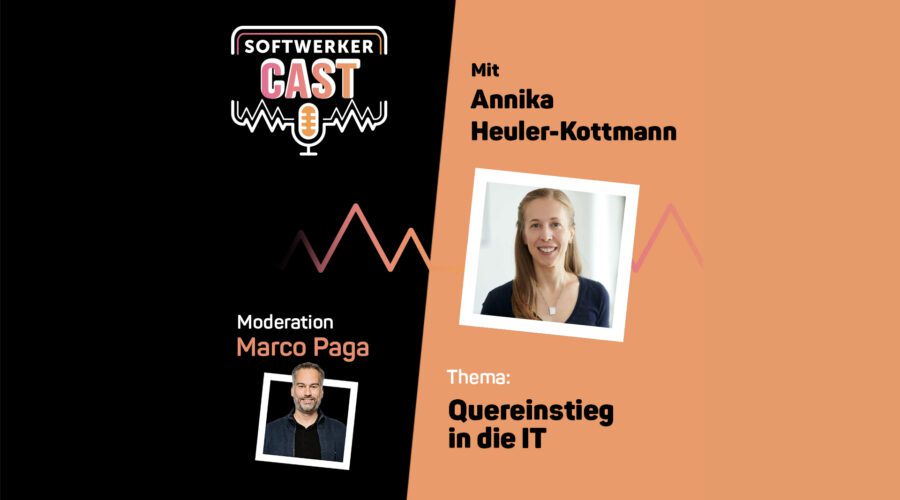 Das Bild zeigt das Logo vom SoftwerkerCast und hat einen schwarzen und orangenen Hintergrund. Zudem sind die Bilder vom Moderator Marco Paga und der Gästin Annika Heuler-Kottmann zu sehen.