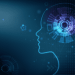 Ein dunkler Hintergrund mit einer Silhouette eines weiblichen Kopfes auf der rechten Seite. Das Gehirn des Kopfes ist als Drehscheibe dargestellt. Zudem sind Nullen und Einsen zu sehen, um den Bezug zur IT herzustellen