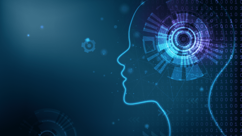 Ein dunkler Hintergrund mit einer Silhouette eines weiblichen Kopfes auf der rechten Seite. Das Gehirn des Kopfes ist als Drehscheibe dargestellt. Zudem sind Nullen und Einsen zu sehen, um den Bezug zur IT herzustellen