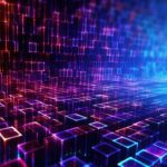 3D-Raster aus Quadern in Blau- und Lilatönen, die eine digitale Matrix darstellen.