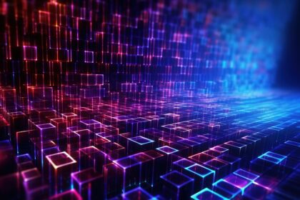 3D-Raster aus Quadern in Blau- und Lilatönen, die eine digitale Matrix darstellen.