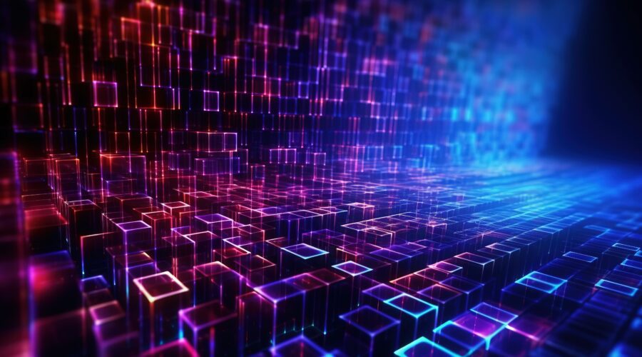 3D-Raster aus Quadern in Blau- und Lilatönen, die eine digitale Matrix darstellen.
