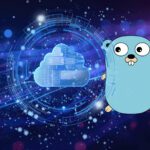 Ein futuristischer Hintergrund der einen Farbverlauf von dunkelblau zu dunkellila hat und von Streifen durchzogen ist. Im Vordergrund ist rechts das Maskottchen der Programmiersprache Go zu sehen und links eine Wolke, die von Kreisen umgeben ist und die Cloud symbolisieren soll.