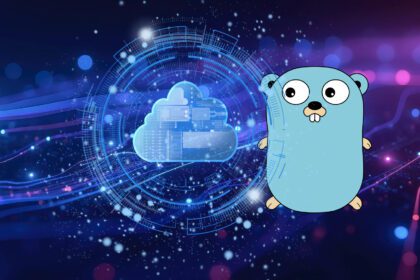 Ein futuristischer Hintergrund der einen Farbverlauf von dunkelblau zu dunkellila hat und von Streifen durchzogen ist. Im Vordergrund ist rechts das Maskottchen der Programmiersprache Go zu sehen und links eine Wolke, die von Kreisen umgeben ist und die Cloud symbolisieren soll.