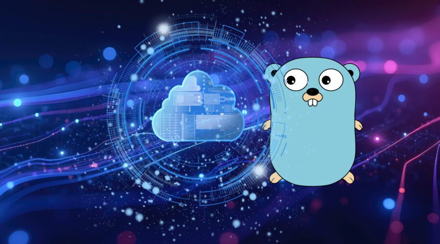 Ein futuristischer Hintergrund der einen Farbverlauf von dunkelblau zu dunkellila hat und von Streifen durchzogen ist. Im Vordergrund ist rechts das Maskottchen der Programmiersprache Go zu sehen und links eine Wolke, die von Kreisen umgeben ist und die Cloud symbolisieren soll.