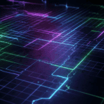 Abstraktes digitales Raster mit leuchtenden Neonlinien in Grün und Violett, das eine futuristische technologische Landschaft als Hintergrund zeigt.