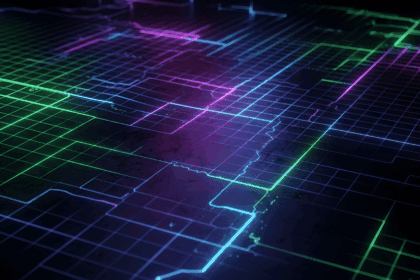 Abstraktes digitales Raster mit leuchtenden Neonlinien in Grün und Violett, das eine futuristische technologische Landschaft als Hintergrund zeigt.
