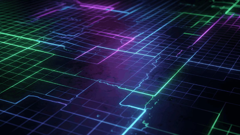 Abstraktes digitales Raster mit leuchtenden Neonlinien in Grün und Violett, das eine futuristische technologische Landschaft als Hintergrund zeigt.