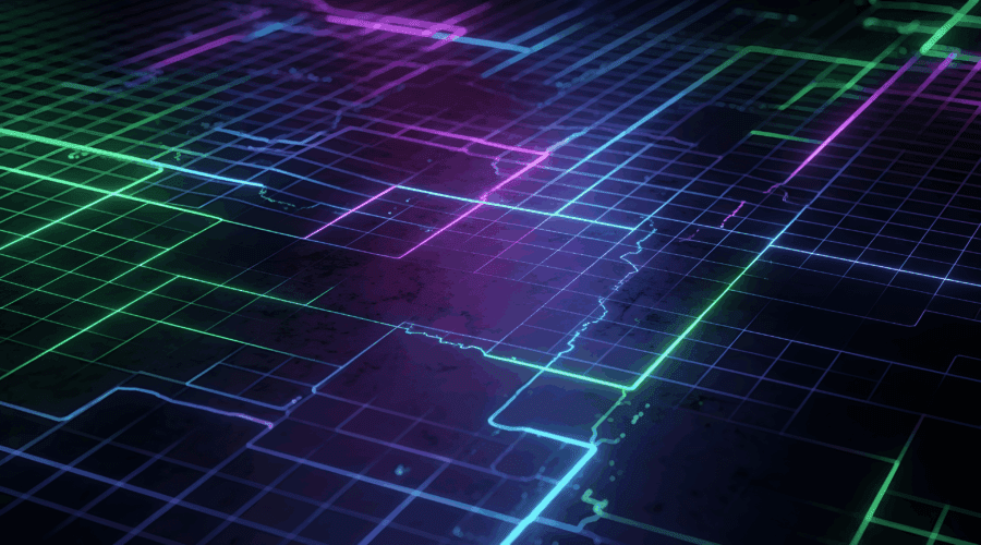 Abstraktes digitales Raster mit leuchtenden Neonlinien in Grün und Violett, das eine futuristische technologische Landschaft als Hintergrund zeigt.