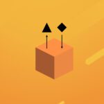 Ein Hintergrund mit verschiedenen Orangetönen auf dem ein oranger Kubus zu sehen ist. Oberhalb des Kubus ist ein schwarzes Dreieck und ein schwarzes Viereck zu sehen. Unterhalb des Dreiecks zeigt ein Pfeil nach oben, unterhalb des Vierecks zeigt ein Pfeil nach unten. Das soll das Prinzip des Cachings verdeutlichen, in dem Formen in und aus dem Kubus geladen werden