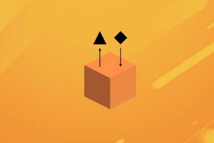 Ein Hintergrund mit verschiedenen Orangetönen auf dem ein oranger Kubus zu sehen ist. Oberhalb des Kubus ist ein schwarzes Dreieck und ein schwarzes Viereck zu sehen. Unterhalb des Dreiecks zeigt ein Pfeil nach oben, unterhalb des Vierecks zeigt ein Pfeil nach unten. Das soll das Prinzip des Cachings verdeutlichen, in dem Formen in und aus dem Kubus geladen werden