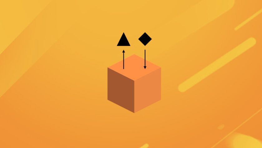 Ein Hintergrund mit verschiedenen Orangetönen auf dem ein oranger Kubus zu sehen ist. Oberhalb des Kubus ist ein schwarzes Dreieck und ein schwarzes Viereck zu sehen. Unterhalb des Dreiecks zeigt ein Pfeil nach oben, unterhalb des Vierecks zeigt ein Pfeil nach unten. Das soll das Prinzip des Cachings verdeutlichen, in dem Formen in und aus dem Kubus geladen werden