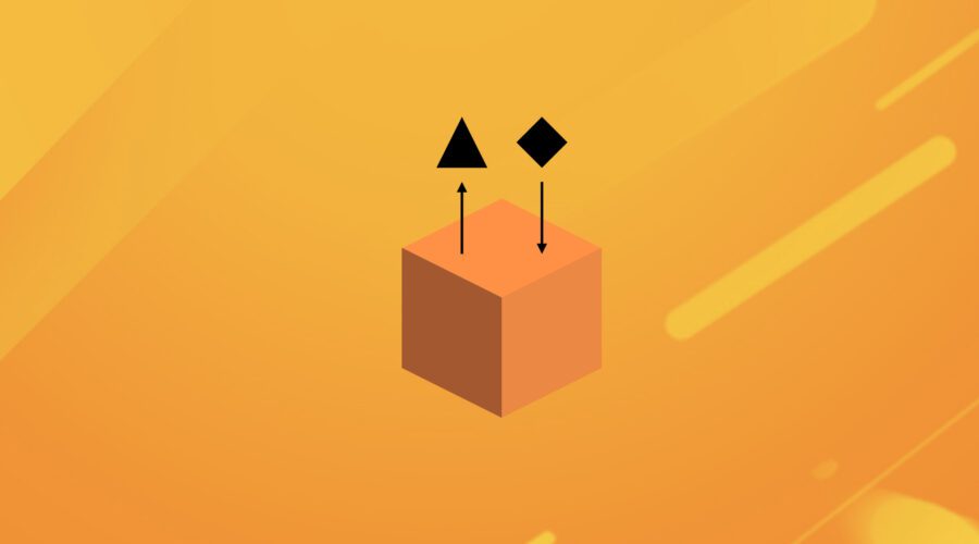 Ein Hintergrund mit verschiedenen Orangetönen auf dem ein oranger Kubus zu sehen ist. Oberhalb des Kubus ist ein schwarzes Dreieck und ein schwarzes Viereck zu sehen. Unterhalb des Dreiecks zeigt ein Pfeil nach oben, unterhalb des Vierecks zeigt ein Pfeil nach unten. Das soll das Prinzip des Cachings verdeutlichen, in dem Formen in und aus dem Kubus geladen werden
