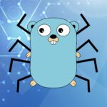 Das Bild zeigt das Gopher, das Go Maskottchen, vor einem blauen Hintergrund mit Spinnenbeine. Es dient als Titelbild für den Beitrag Web-Crawler in Go erstellen