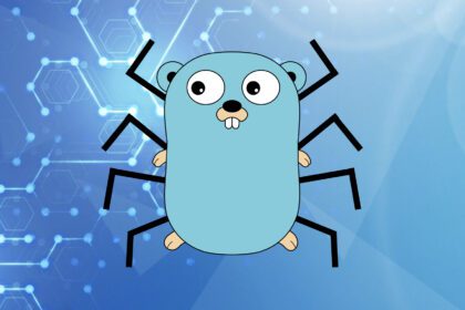Das Bild zeigt das Gopher, das Go Maskottchen, vor einem blauen Hintergrund mit Spinnenbeine. Es dient als Titelbild für den Beitrag Web-Crawler in Go erstellen
