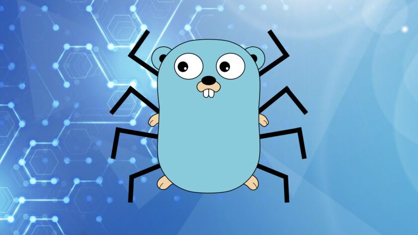 Das Bild zeigt das Gopher, das Go Maskottchen, vor einem blauen Hintergrund mit Spinnenbeine. Es dient als Titelbild für den Beitrag Web-Crawler in Go erstellen