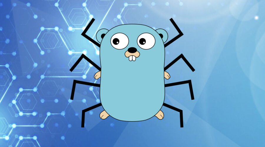 Das Bild zeigt das Gopher, das Go Maskottchen, vor einem blauen Hintergrund mit Spinnenbeine. Es dient als Titelbild fĂĽr den Beitrag Web-Crawler in Go erstellen