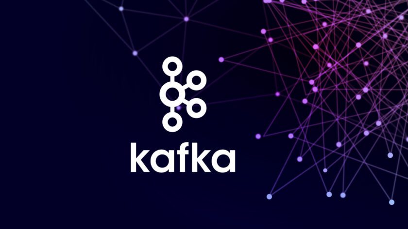 Ein dunkellila Hintergrund mit hellen Punkten, die rechts mit Linien verbunden sind. In der Mitte ist das Apache Kafka Logo zu sehen
