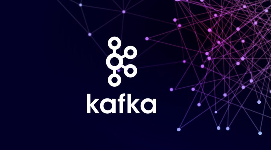 Ein dunkellila Hintergrund mit hellen Punkten, die rechts mit Linien verbunden sind. In der Mitte ist das Apache Kafka Logo zu sehen